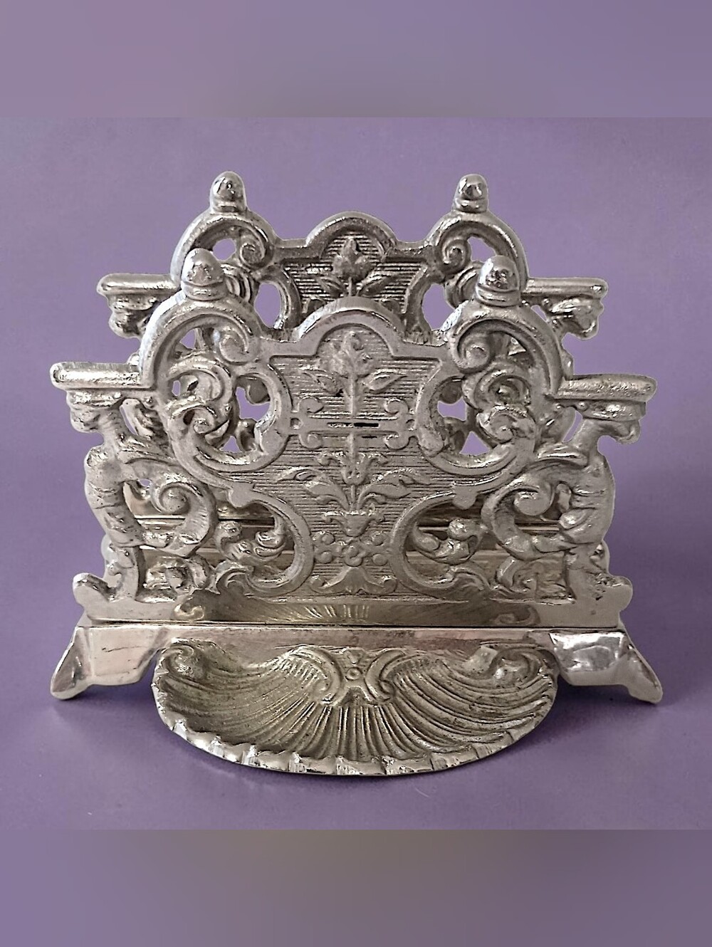 Vtg Ornate Scrollwork Napkin Holder Footed Silver Tone Metal Rack Desk Organizer
